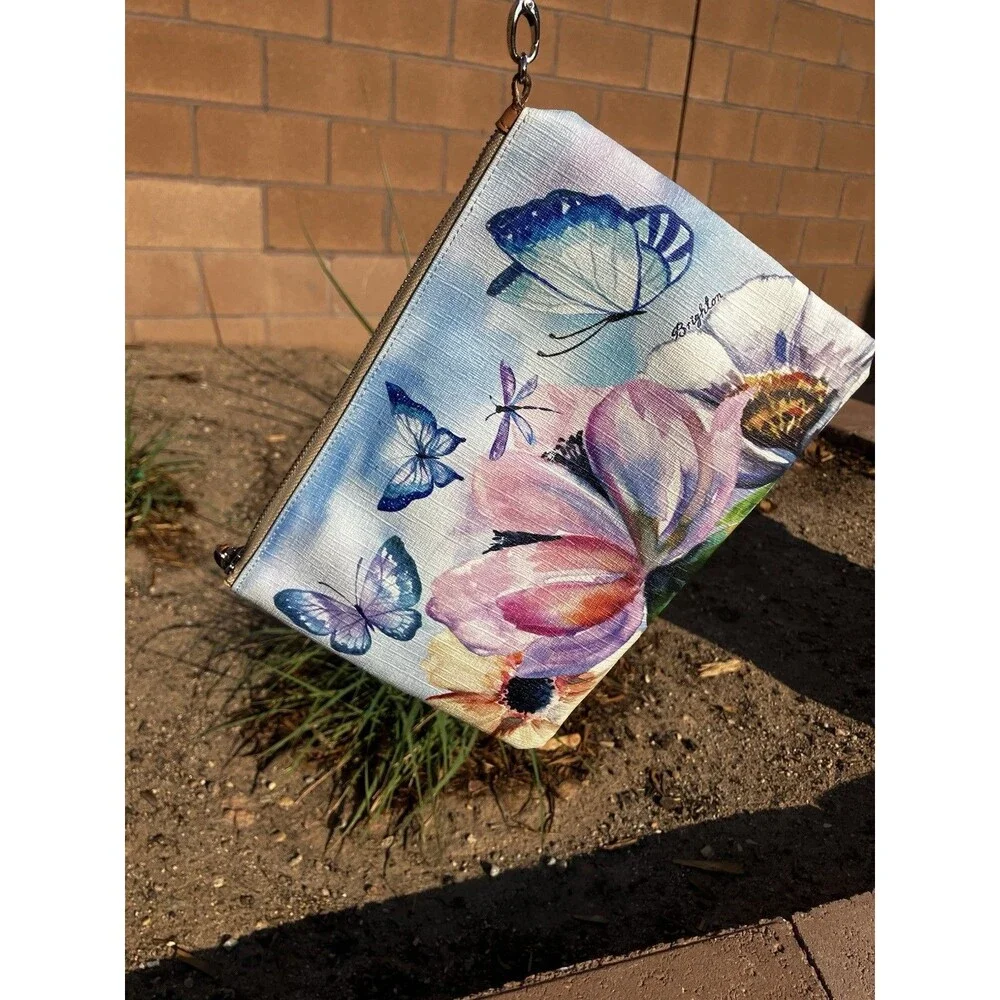 Brighton Belle Jardin Wristlet Clutch Purse Floral Butterfly Printed Leather